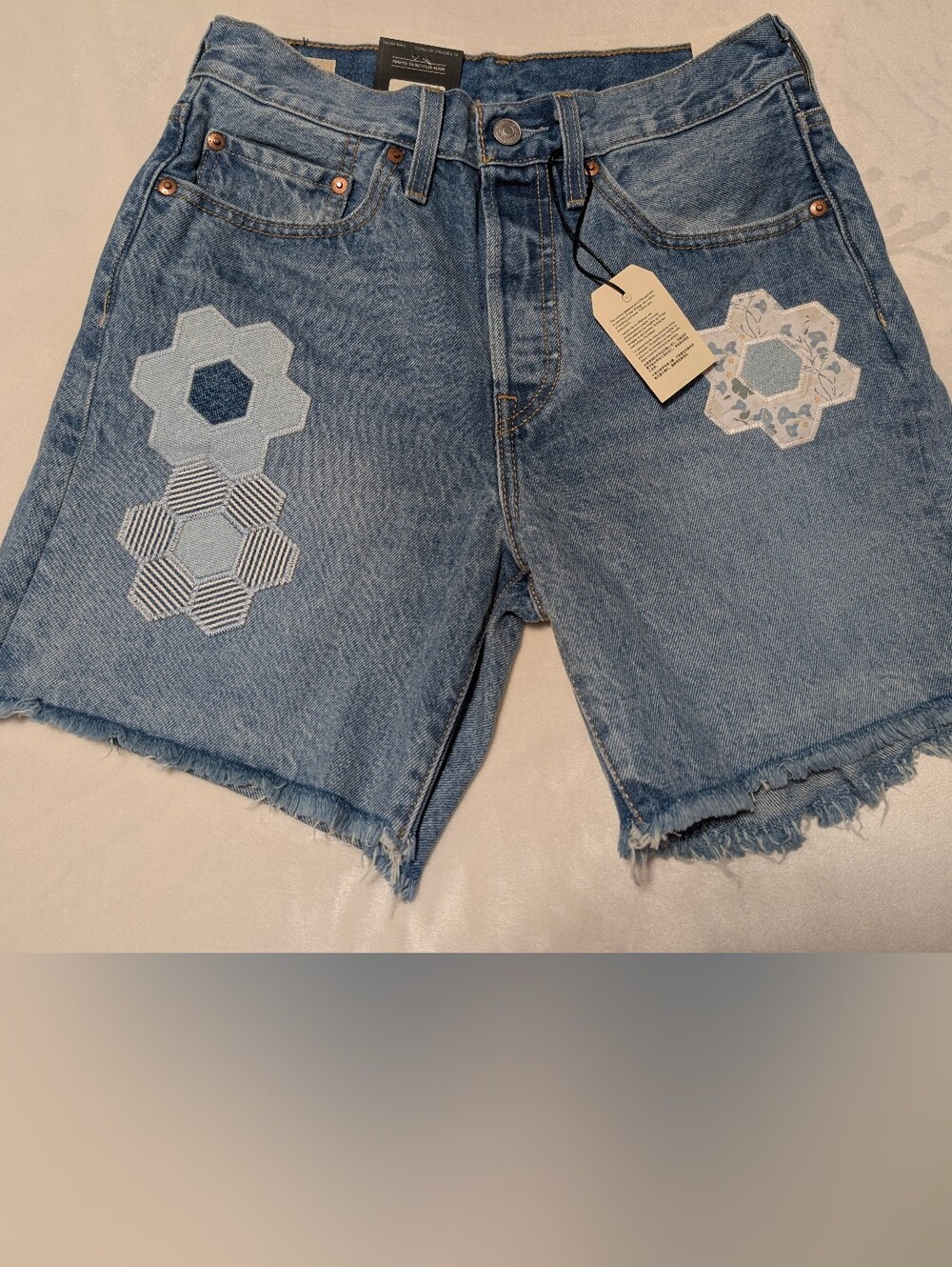 NWT Levi's Premium Patchwork Raw Hem Denim Shorts, Light Wash
